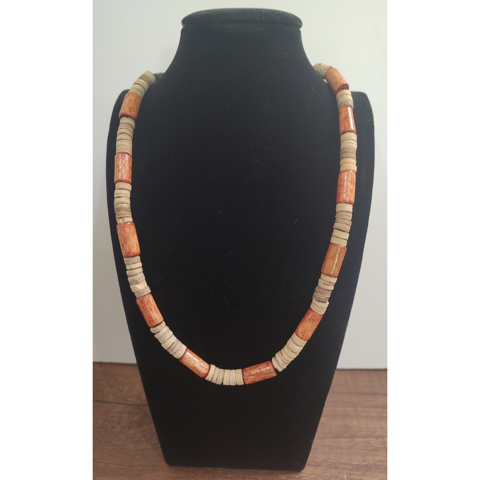 Boho Beaded Necklace Black Cord Wood Beads Unisex Tribal 18
